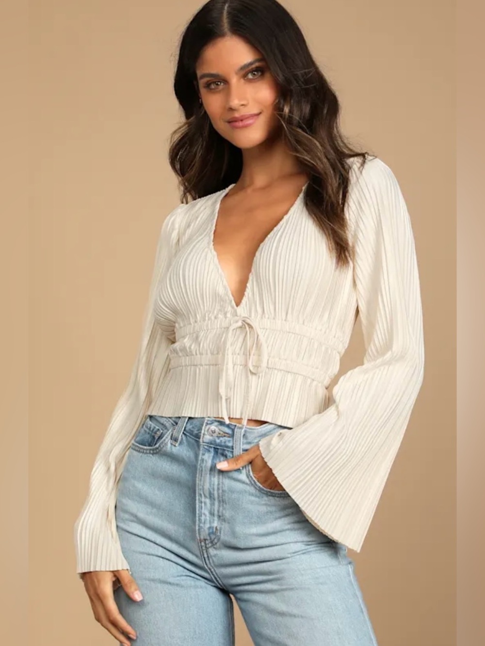 Lulus NWT Cream Pleated Long Bell Sleeve Tie Front Crop Top Medium